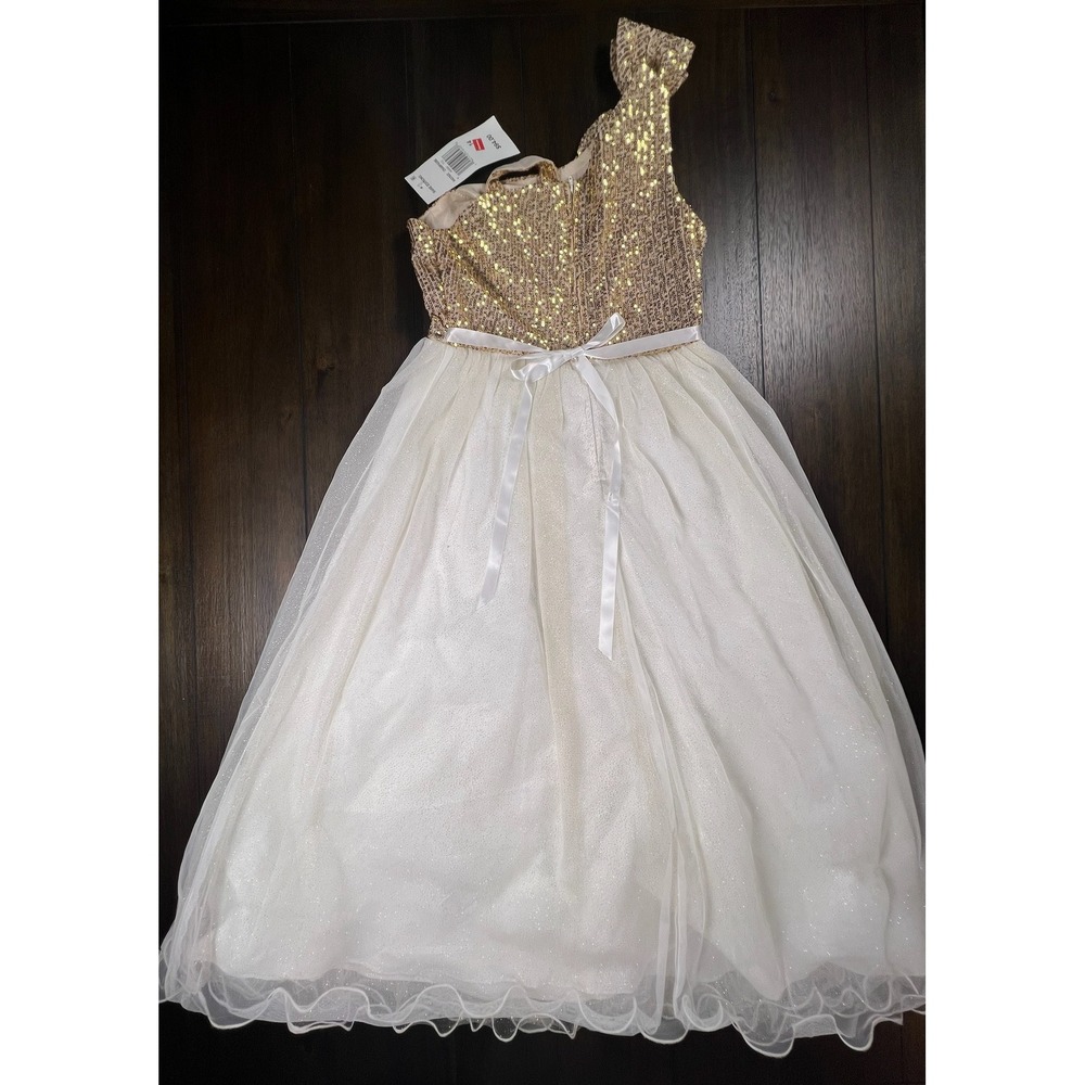 Rare Editions Girls Champagne Gold Sequin Glitter Tulle One Shoulder Dress 14 NW
